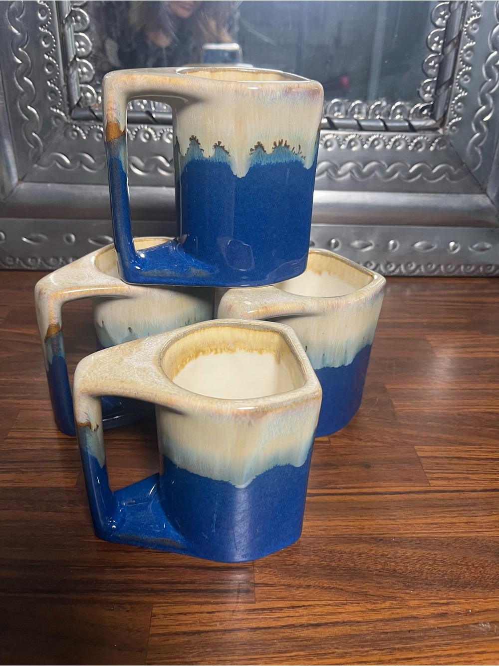 4  Rare RODOLPHO PADILLA Drip Glaze pottery stackable mugs MCM Vintage